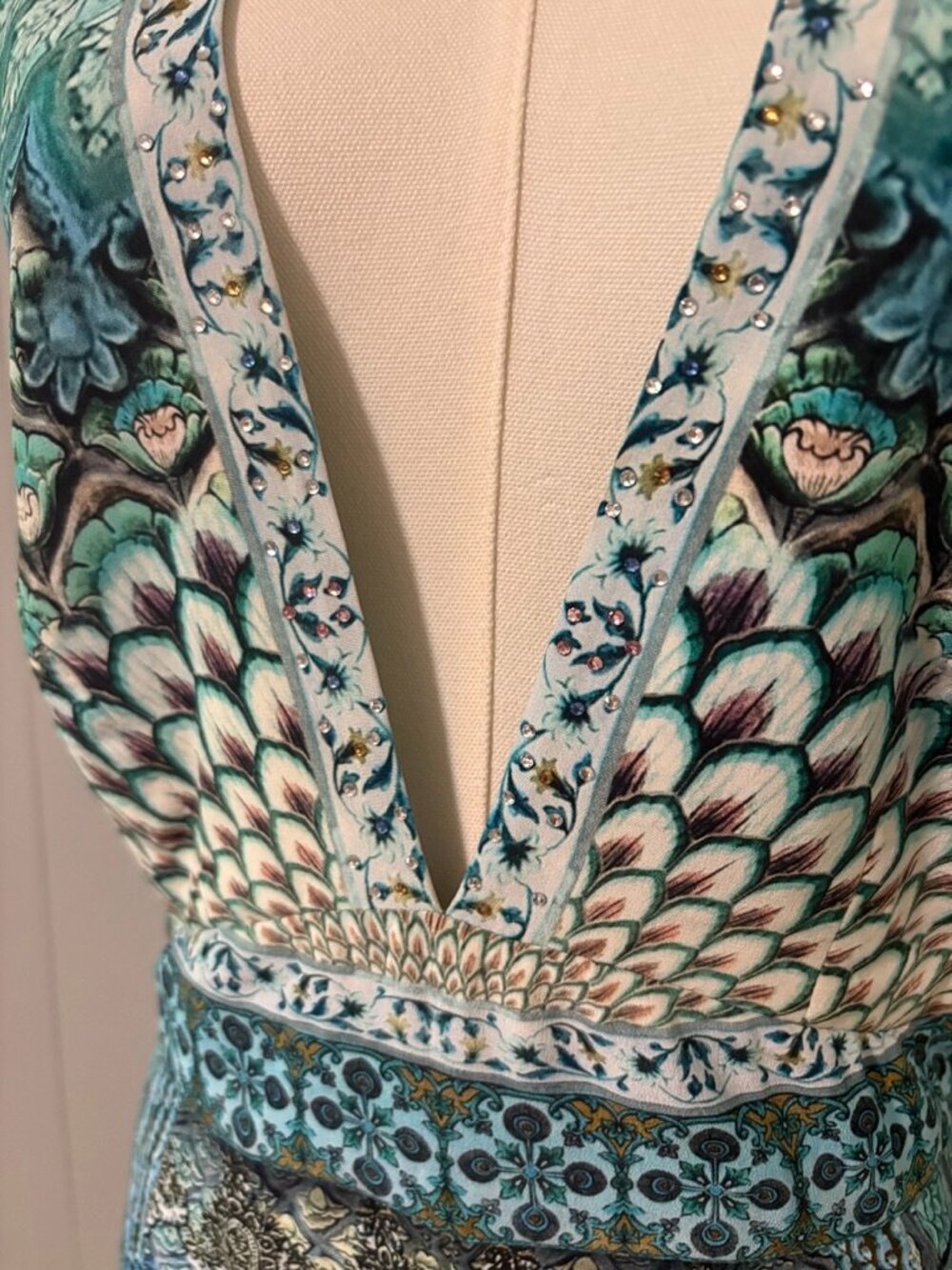 CAMILLA Turn on the Charm Blue Silk Tie Neck Halter Wide Leg Jumpsuit Crystal XS - Picture 4 of 16
